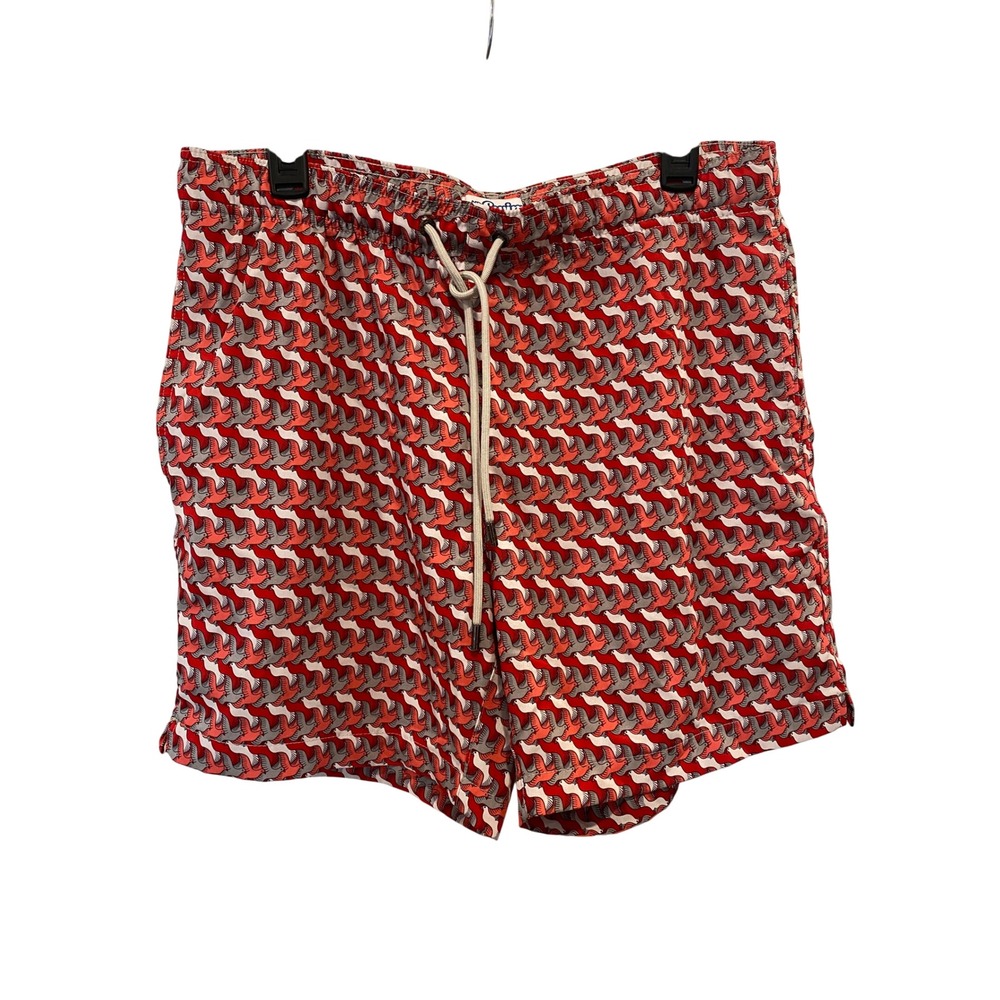 Mr. Swim Swim Trunks Mens Medium Birds Allover Print Red Gray Drawstring EUC